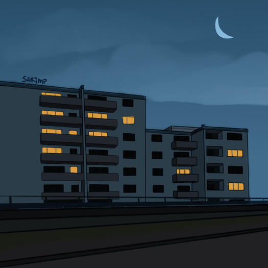 a drawing of an apartment complex at night