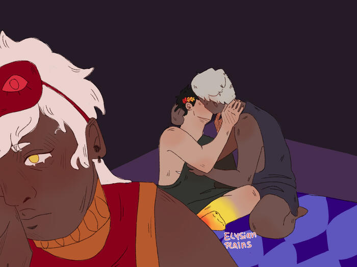 a drawing of hypnos, zagreus and thanatos from the game hades