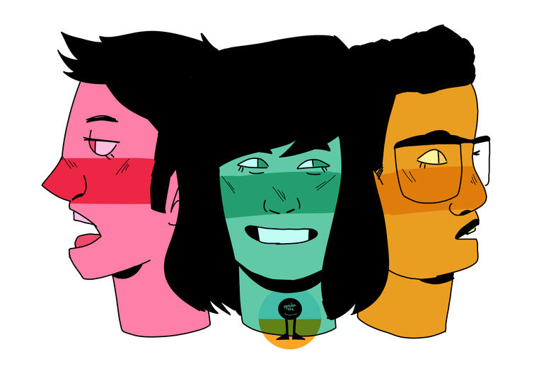 a drawing of three floating heads